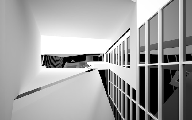 Abstract white and black interior multilevel public space with window 3D illustration and rendering