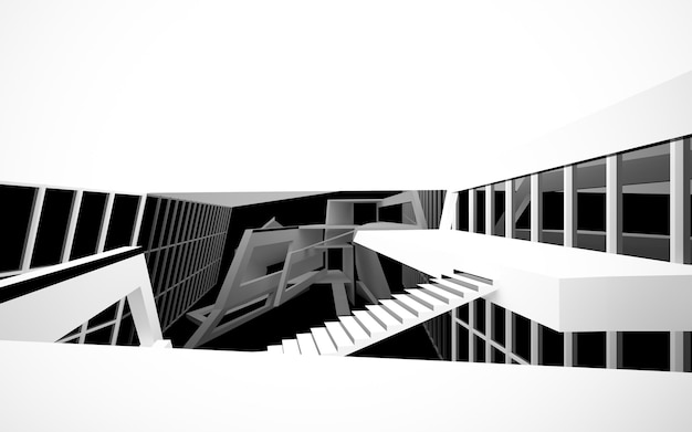 Abstract white and black interior multilevel public space with window 3D illustration and rendering