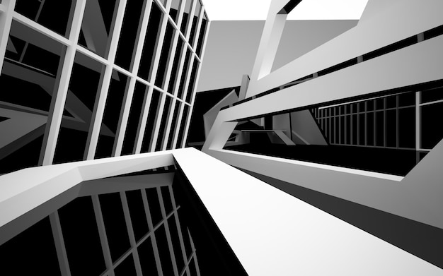 Abstract white and black interior multilevel public space with window 3D illustration and rendering