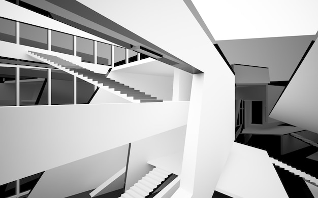 Abstract white and black interior multilevel public space with window 3D illustration and rendering