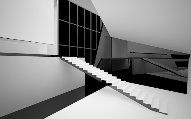 Abstract white and black interior multilevel public space with window 3D illustration and rendering