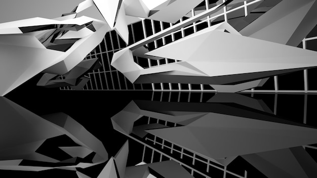 Abstract white and black interior multilevel public space with window 3D illustration and rendering