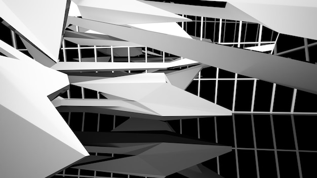 Abstract white and black interior multilevel public space with window 3D illustration and rendering