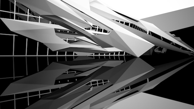 Abstract white and black interior multilevel public space with window 3D illustration and rendering