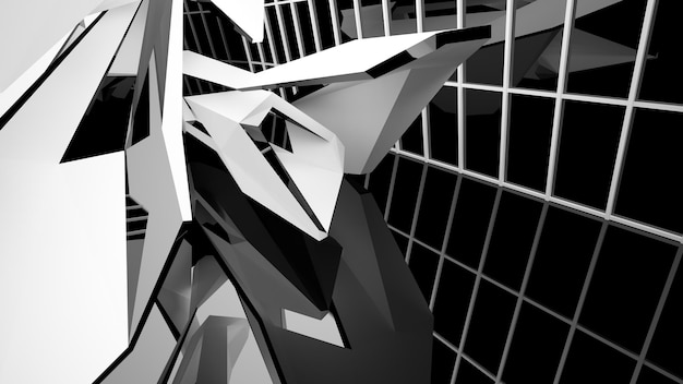 Abstract white and black interior multilevel public space with window 3D illustration and rendering