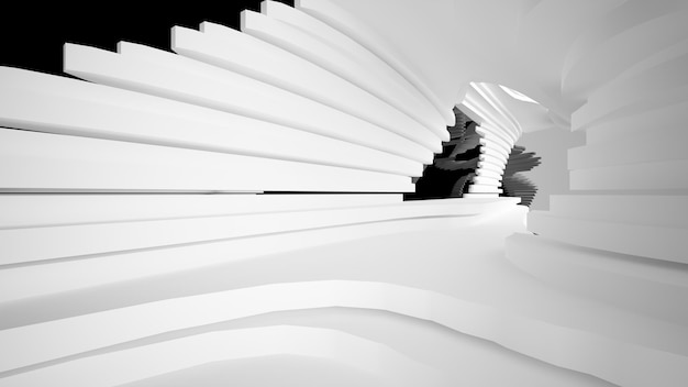 Abstract white and black interior multilevel public space with window 3D illustration and rendering