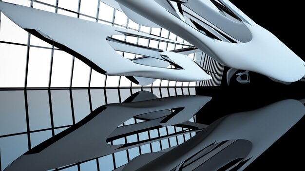 Abstract white and black interior multilevel public space with window 3D illustration and rendering