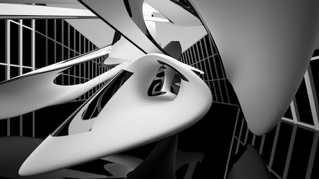 Abstract white and black interior multilevel public space with window 3D illustration and rendering