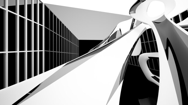 Abstract white and black interior multilevel public space with window 3D illustration and rendering