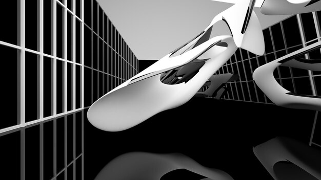 Abstract white and black interior multilevel public space with window 3D illustration and rendering