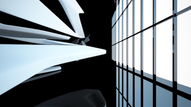 Abstract white and black interior multilevel public space with window 3D illustration and rendering