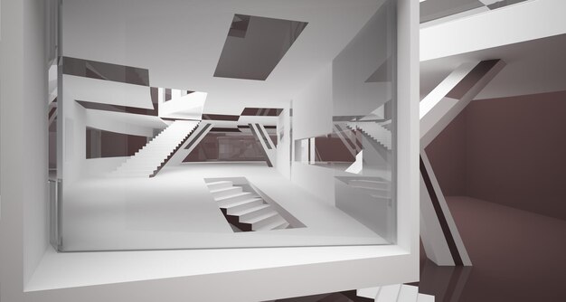 Abstract white and black interior multilevel public space with window 3D illustration and rendering