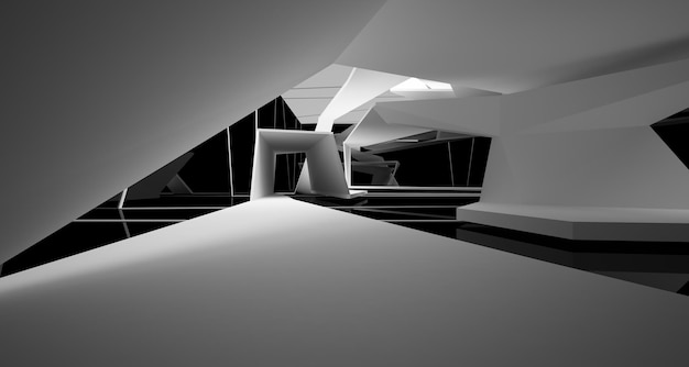 Abstract white and black interior multilevel public space with window 3D illustration and rendering