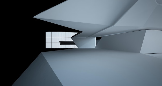 Abstract white and black interior multilevel public space with window 3D illustration