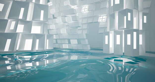 Abstract white and blue water parametric interior with window 3D illustration and rendering