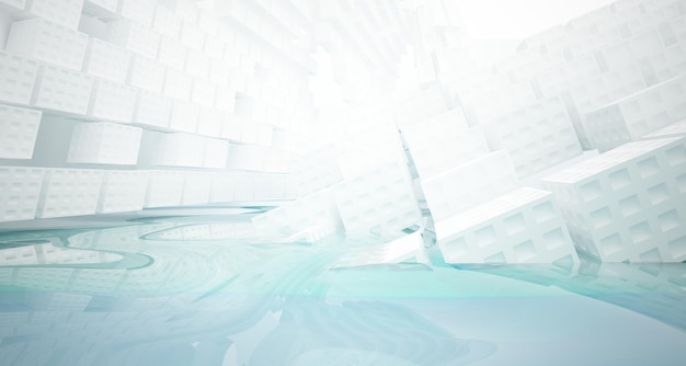 Abstract white and blue water parametric interior with window 3D illustration and rendering