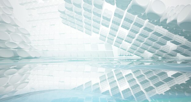 Abstract white and blue water parametric interior with window 3D illustration and rendering