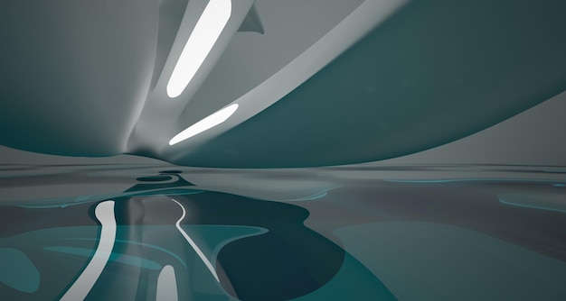 Abstract white and blue water parametric interior with window 3D illustration and rendering