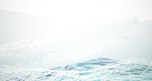 Abstract white and blue water parametric interior with window 3D illustration and rendering