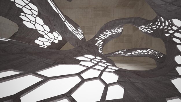 Abstract white and brown concrete parametric interior with window 3D illustration and rendering