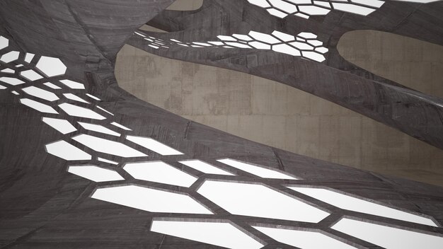 Abstract white and brown concrete parametric interior with window 3D illustration and rendering