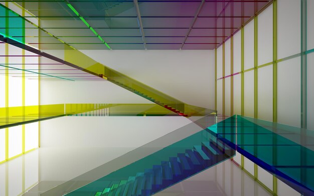 Abstract white and colored gradient glasses interior multilevel public space with window. 3D