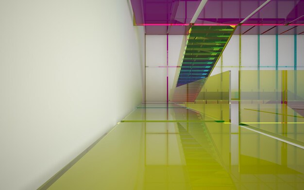 Abstract white and colored gradient glasses interior multilevel public space with window. 3D