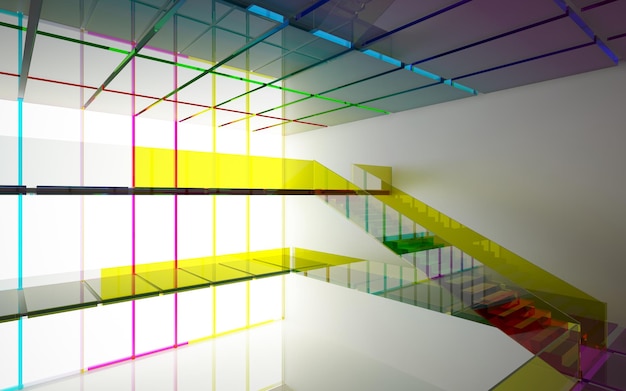 Abstract white and colored gradient glasses interior multilevel public space with window. 3D