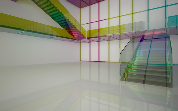 Abstract white and colored gradient glasses interior multilevel public space with window. 3D