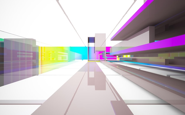 Abstract white and colored gradient glasses interior multilevel public space with window. 3D