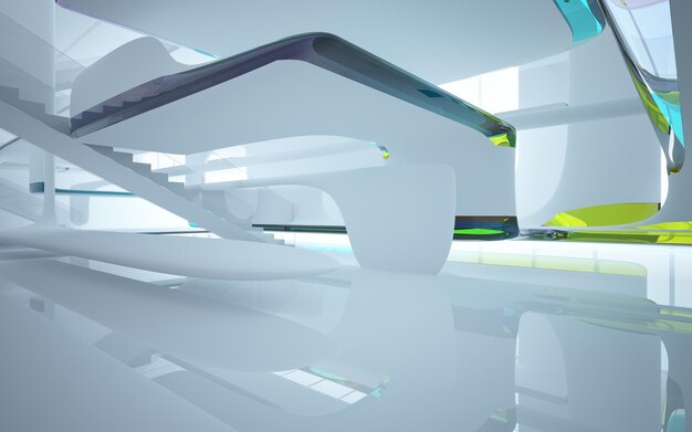 Abstract white and colored gradient glasses interior multilevel public space with window. 3D