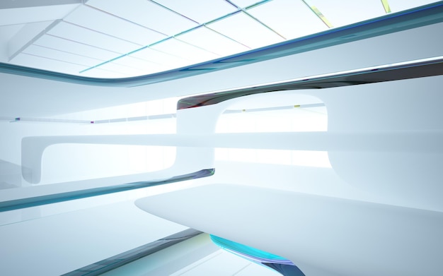 Abstract white and colored gradient glasses interior multilevel public space with window. 3D