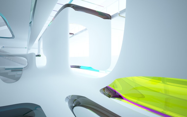 Abstract white and colored gradient glasses interior multilevel public space with window. 3D