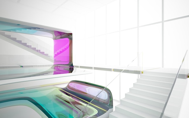 Abstract white and colored gradient glasses interior multilevel public space with window. 3D