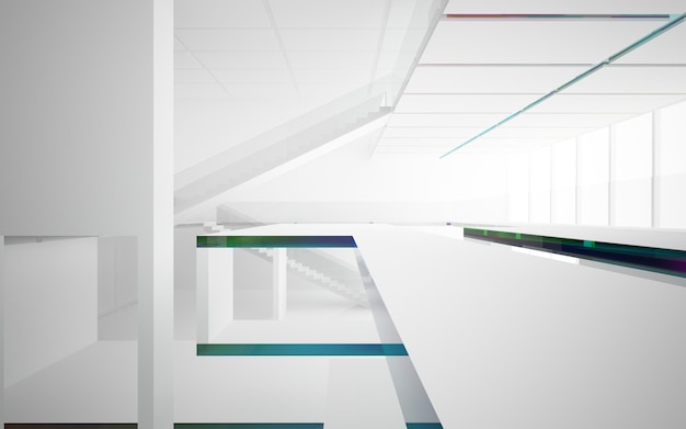 Abstract white and colored gradient glasses interior multilevel public space with window. 3D