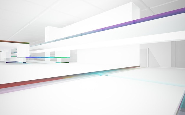 Abstract white and colored gradient glasses interior multilevel public space with window. 3D