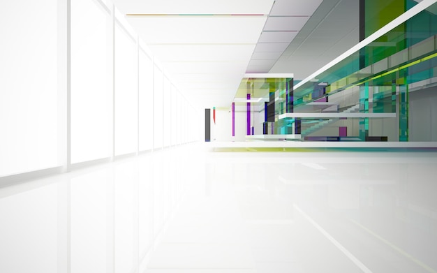 Abstract white and colored gradient glasses interior multilevel public space with window. 3D