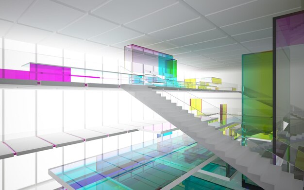 Abstract white and colored gradient glasses interior multilevel public space with window. 3D