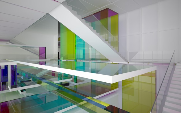 Abstract white and colored gradient glasses interior multilevel public space with window. 3D