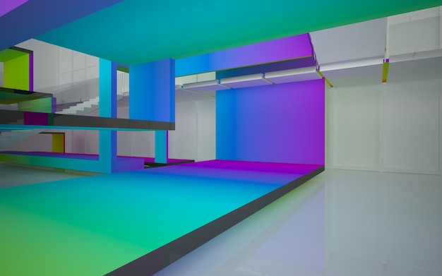 Abstract white and colored gradient glasses interior multilevel public space with window. 3D