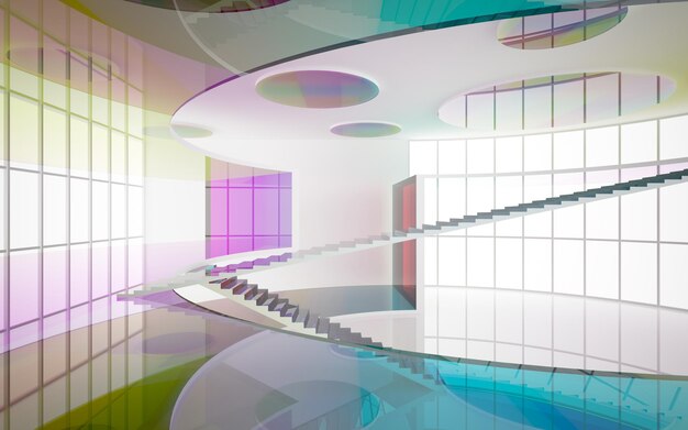 Abstract white and colored gradient glasses interior multilevel public space with window 3D