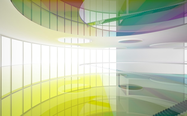 Abstract white and colored gradient glasses interior multilevel public space with window 3D