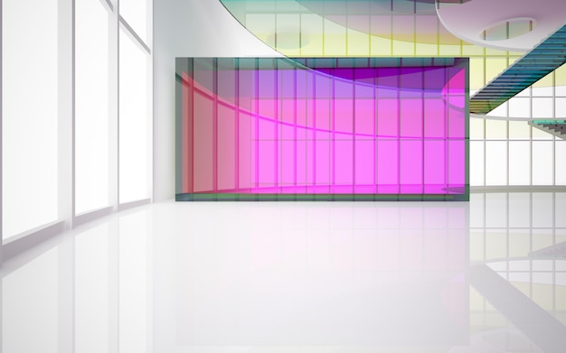 Abstract white and colored gradient glasses interior multilevel public space with window 3D