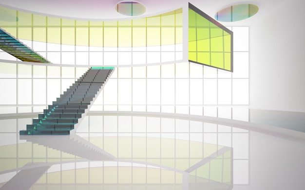 Abstract white and colored gradient glasses interior multilevel public space with window 3D