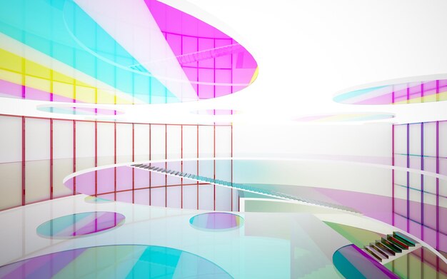 Abstract white and colored gradient glasses interior multilevel public space with window 3D