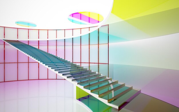 Abstract white and colored gradient glasses interior multilevel public space with window 3D