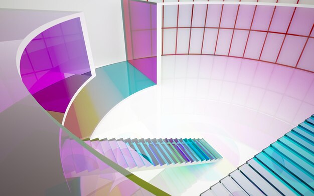 Abstract white and colored gradient glasses interior multilevel public space with window 3D