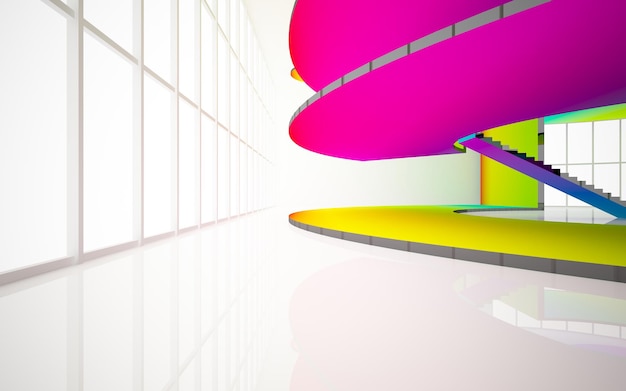 Abstract white and colored gradient glasses interior multilevel public space with window 3D