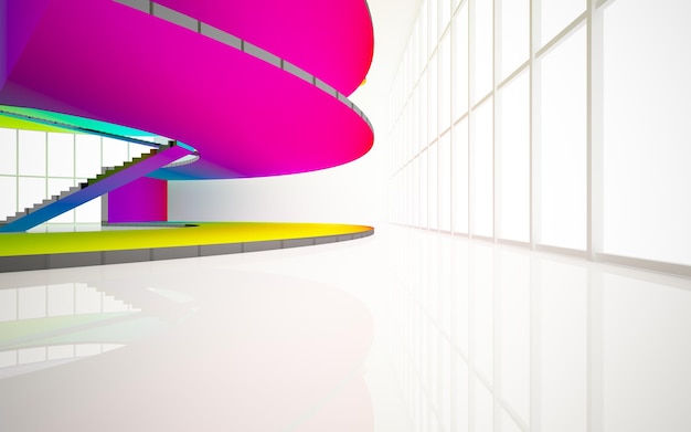 Abstract white and colored gradient glasses interior multilevel public space with window 3D