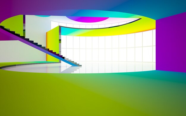 Abstract white and colored gradient glasses interior multilevel public space with window 3D